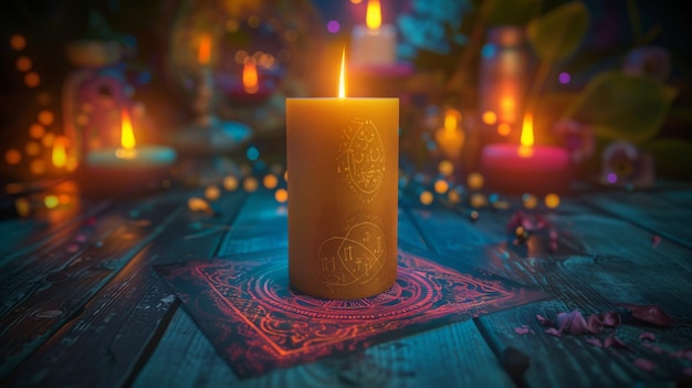 Un entorno místico oscuro con una vela negra que simboliza la adivinación mágica y los rituales esotéricos