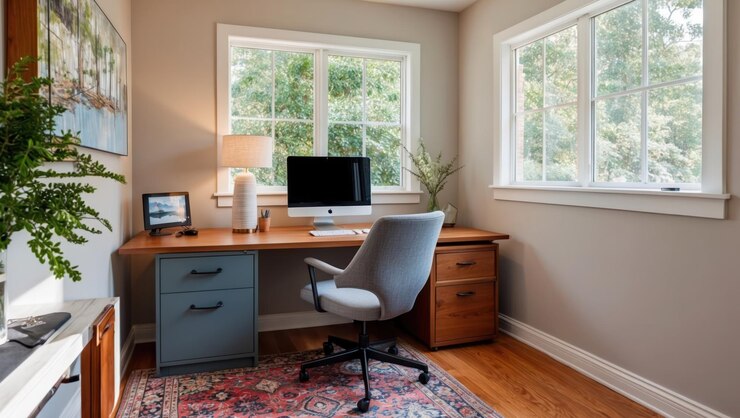 Foto un entorno de oficina en casa moderno con un escritorio elegante y una silla ergonómica