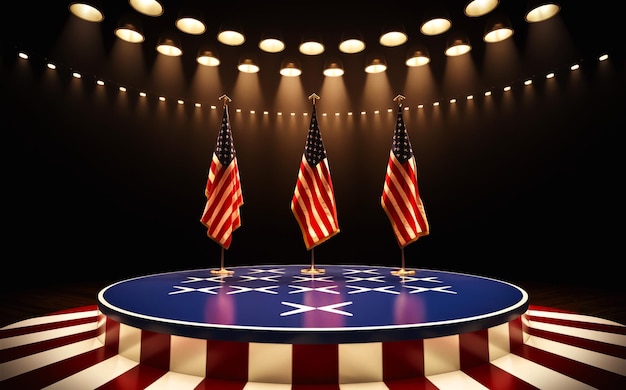 Un entorno patriótico con un escenario adornado con la bandera estadounidense para nosotros celebración del día de la lealtad nacional