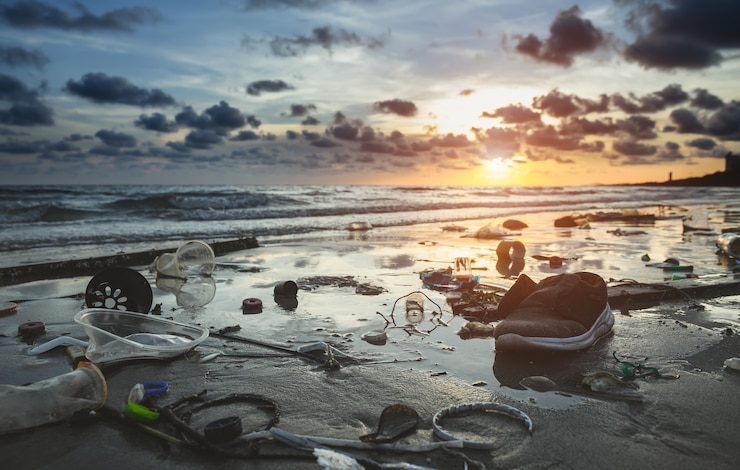 Foto entorno de playa sucia de basura plástica