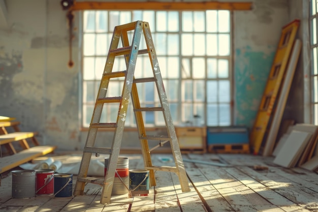 Un entorno de renovación sereno con una escalera de madera latas de pintura y sombras proyectadas por la luz de la mañana