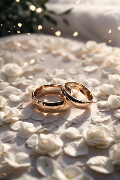 Entorno romántico de pareja boda ring en pétalos de rosas blancas