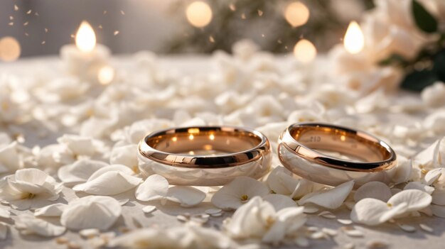 Entorno romántico de pareja boda ring en pétalos de rosas blancas