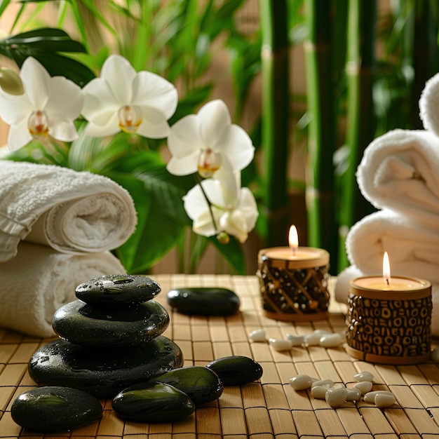 Foto un entorno de spa con orquídeas de bambú y velas