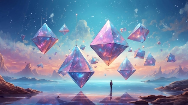 un entorno surrealista compuesto de tetraedros suspendidos en el aire creando un paisaje de ensueño hipnotizante.