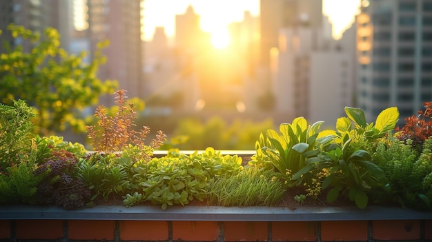 En un entorno urbano con luz suave de la mañana, agricultura urbana hábil y techo colorido, IA generativa.