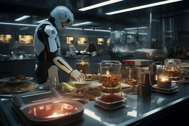 Foto entra en una cocina futurista donde los chefs robot hacen habilidades 00242 02