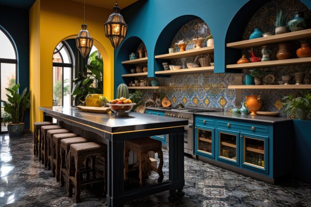 Entra en la exquisita cocina de inspiración marroquí donde la magia culinaria se desarrolla en medio de la vibrante