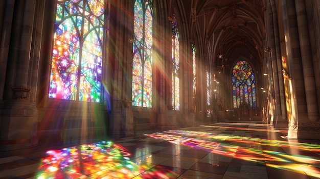 Entra en una magnífica catedral adornada con vidrieras que bañan el interior en un caleidoscopio de colores