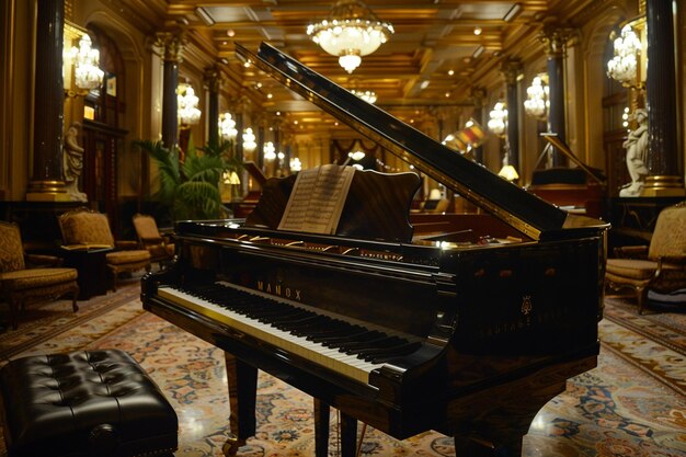 Foto entra en el opulento salón de baile donde un piano de cola awa generativa ai