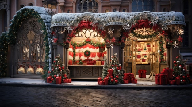 Entra en un país de las maravillas del invierno en este quiosco iluminado del mercado navideño lleno de decoraciones brillantes y artículos festivos Explora la magia de la temporada navideña sin ningún logotipo a la vista