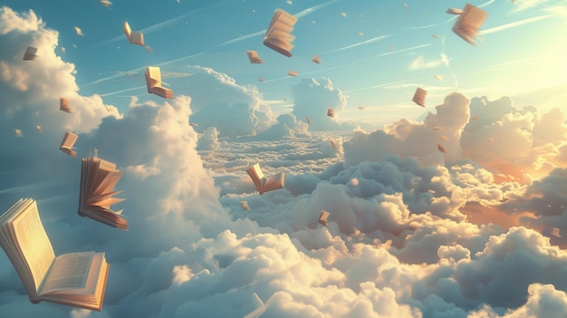 Entra en un reino de infinitas posibilidades donde los libros flotan entre las nubes sus páginas se despliegan como alas en el cielo