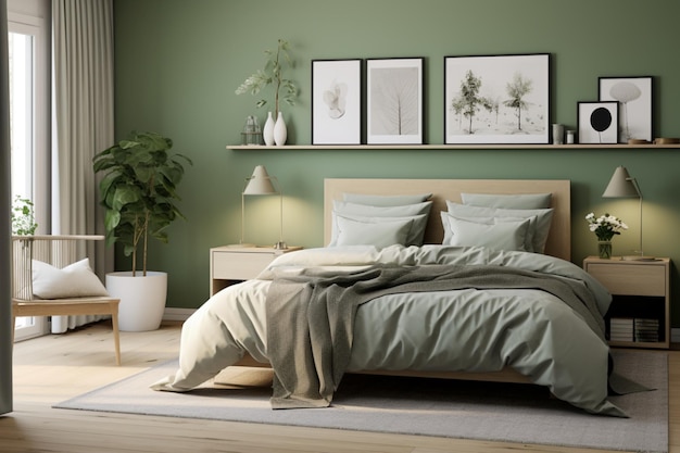 Entra en un tranquilo dormitorio verde adornado con diseño interior