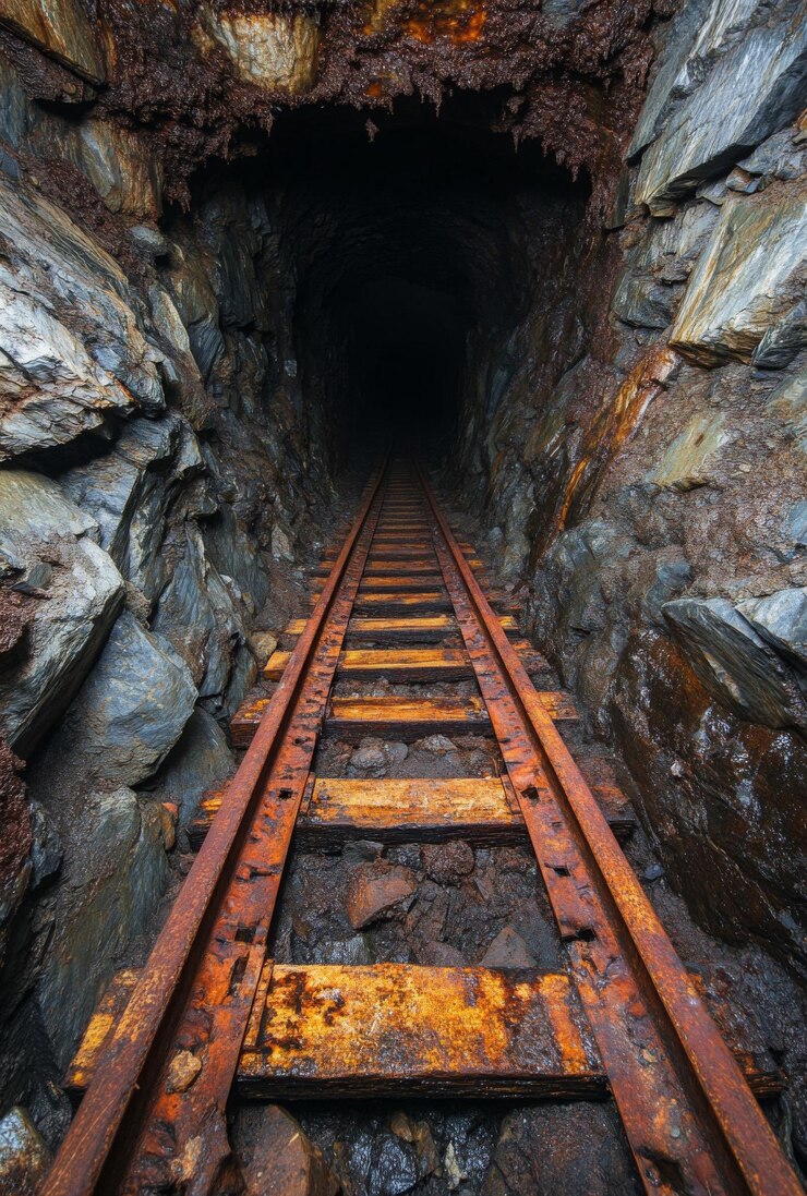Una entrada abandonada de una mina con huellas oxidadas que conducen a la oscuridad