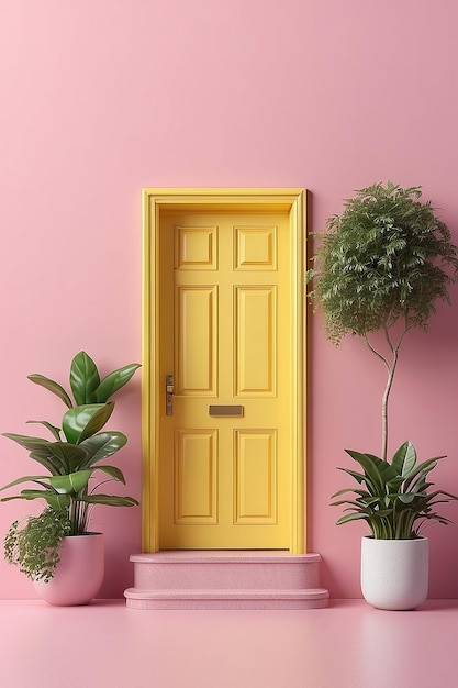 Entrada aberta porta amarela em um fundo rosa com uma planta de casa em uma panela renderização 3D