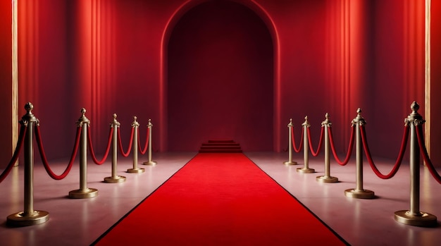Entrada de alfombra roja con estancones y cuerdas de terciopelo