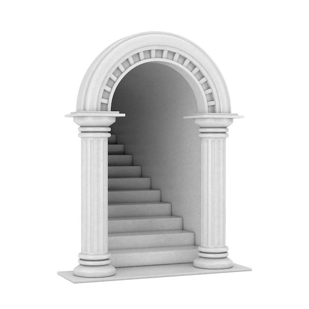 Entrada arco de columna del griego clásico clásico con escaleras de hormigón sobre un fondo blanco. Representación 3D