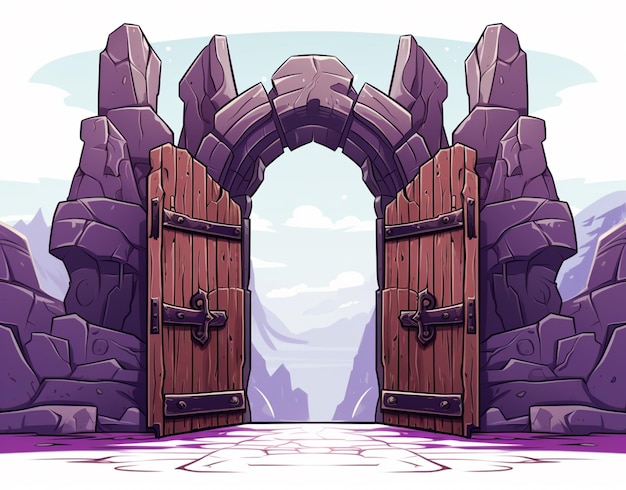 entrada de arco de piedra de dibujos animados con puertas de madera y paredes de piedra generativa ai