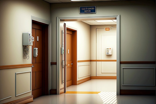 Entrada de atención médica a la sala en el pasillo del hospital