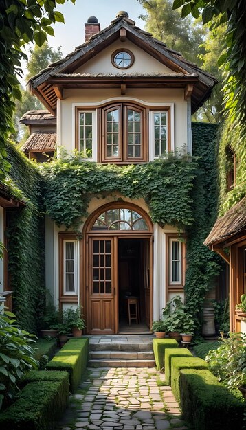 Entrada a una bonita casa vieja de un piso en el campo paisajismo vertical privacidad acogedora