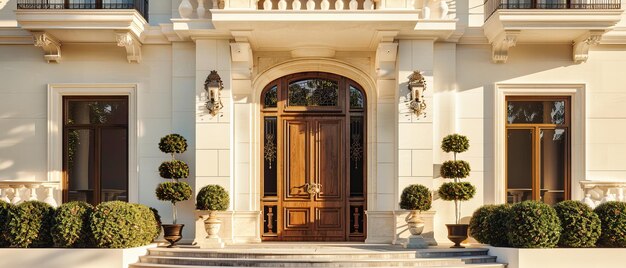Entrada clásica a una casa de lujo Elegancia en la arquitectura con una puerta de madera y una fachada de piedra