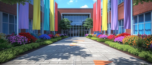 Entrada colorida da escola com canteiros de flores vibrantes