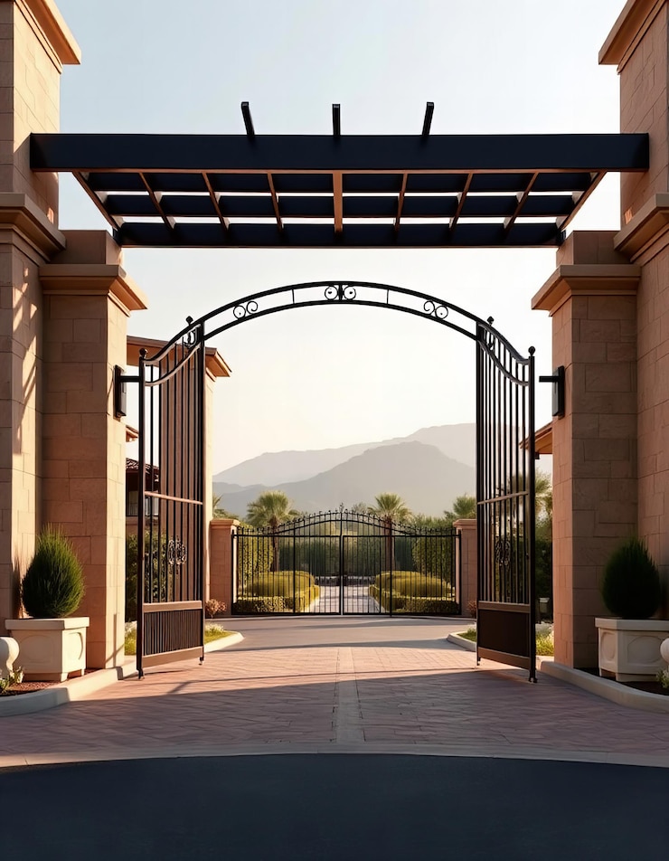 Entrada de la comunidad de lujo con puertas de hierro forjado