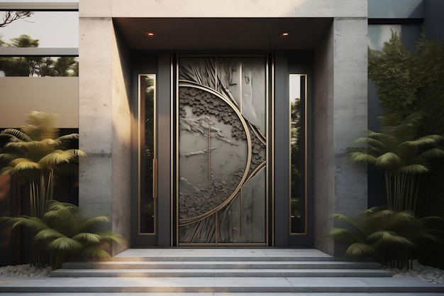 Entrada contemporánea de puerta de metal a una casa con IA