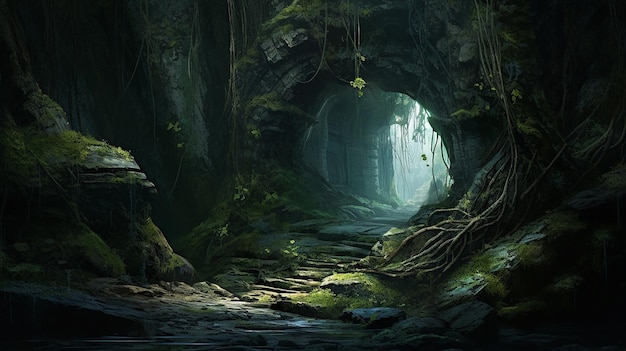 Entrada a una cueva mística en un bosque antiguo