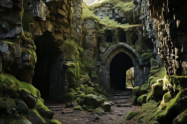 Entrada a una cueva en la montaña con musgo verde en las rocas alrededor.