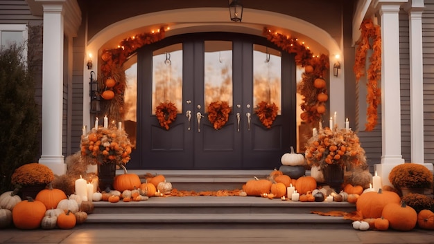 Entrada da casa decorada para as férias tradicionais de outono Porche da casa decorado com abóboras