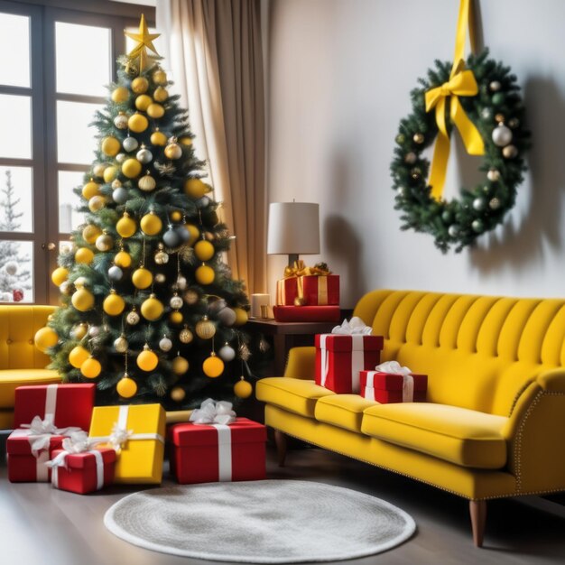 Entrada da sala de estar com ornamentos de árvore de natal caixas de presentes em torno do sofá amarelo