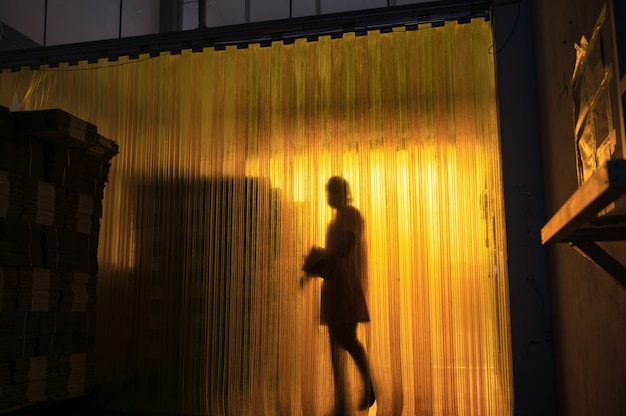 Entrada de cortina de plástico industrial amarelo com sombra do trabalhador e pacote de caixa de papelão no armazém