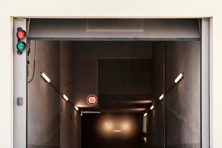 Foto entrada de estacionamento com porta de enrolar em edifício residencial, carro saindo de garagem subterrânea