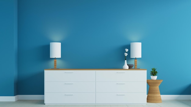 Foto entrada de parede azul e armário moderno no quarto - renderização em 3d