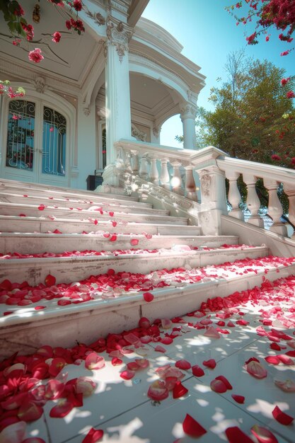 Entrada de uma vila de luxo com escadas de pétalas de rosa