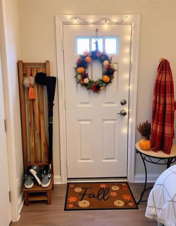 Entrada de dormitorio de otoño con estante de zapatos de madera decoración de otoño luces de hadas y exhibición de calabazas