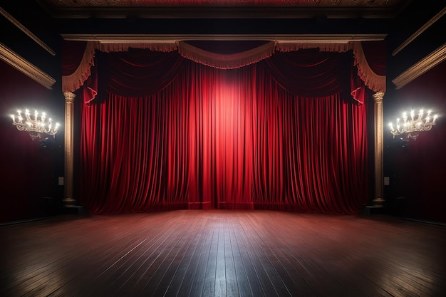 Foto entrada dramática escenario de cortina roja y piso de madera