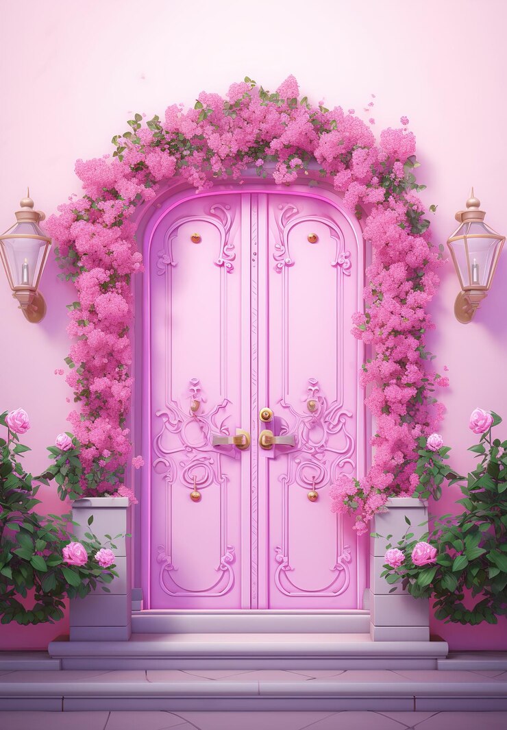 Foto entrada encantada uma porta rosa no meio de uma porta rosa floral do país das maravilhas com portas de flores no jardim
