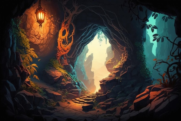 Entrada enigmática a la cueva brillante Mundo de fantasía ilustrativo