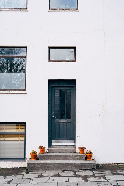 La entrada es desde una puerta negra a un edificio moderno con ventanas de diferentes tamaños y flores.