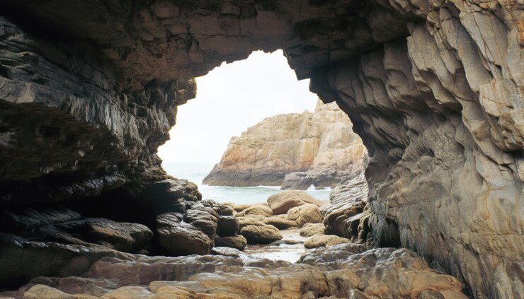 Foto entrada escénica de la cueva con el mar