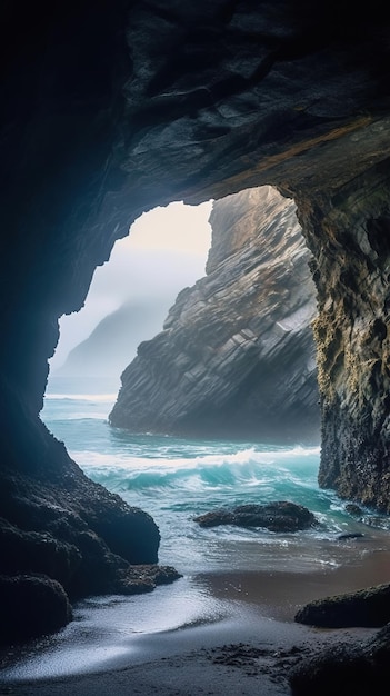 Entrada escénica de la cueva con el mar