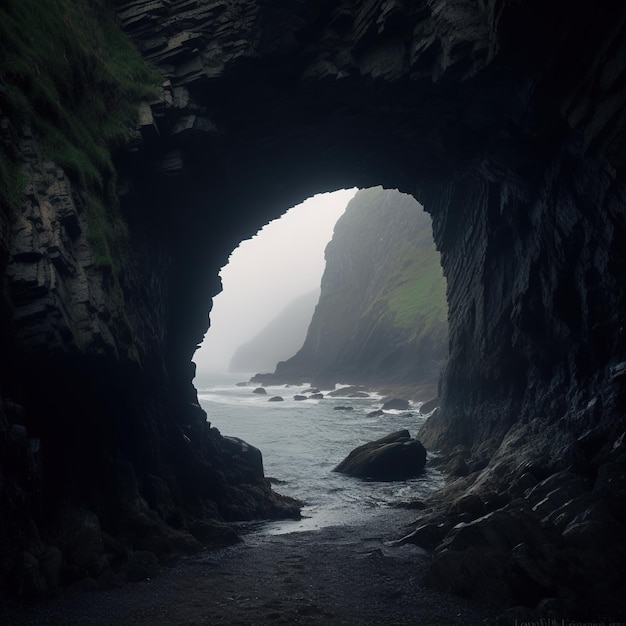 Entrada escénica de la cueva con el mar