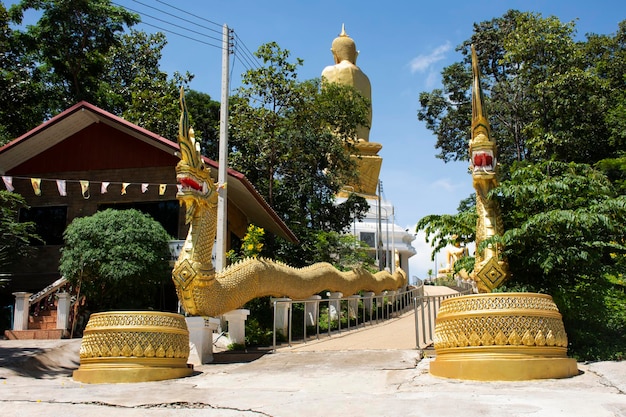 La entrada de la estatua de Naka va al Gran Buda en la cima de la montaña para los tailandeses y los viajeros visitan el respeto rezando en el templo Wat Doi Thep Sombun en la montaña Phu Phan en Nong Bua Lamphu Tailandia