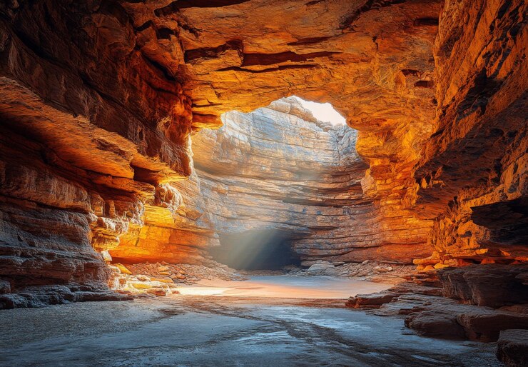 La entrada de una gran cueva con la luz del sol que fluye destacando las texturas de las paredes de roca y el suelo en el interior