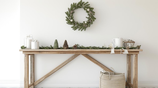 Entrada de la granja de Navidad Mesa de consola de madera cerca de la pared blanca Generativo Ai