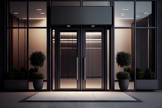 Entrada de hotel moderno con puertas de vidrio y metal diseño minimalista creado con ai generativo