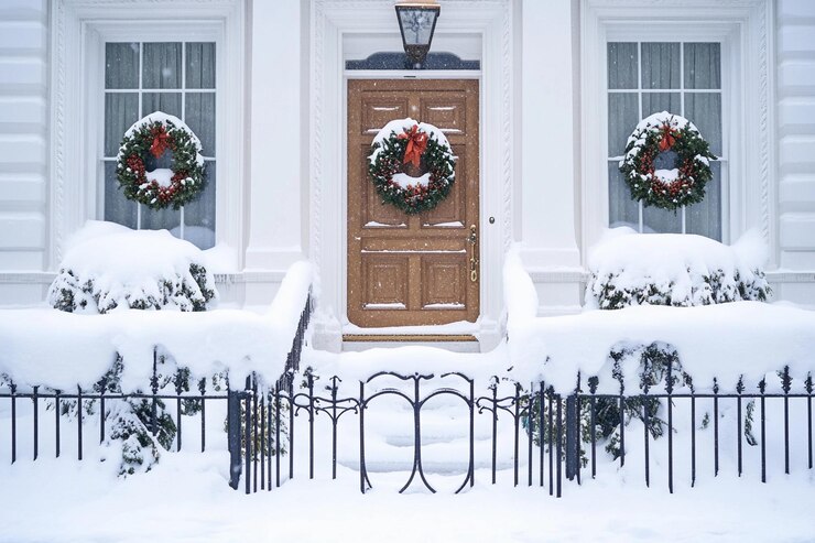 Entrada de invierno nevada con coronas navideñas en una casa encantadora en un vecindario sereno IA generativa