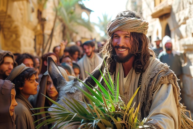 La entrada de Jesucristo en Jerusalén en un burro la gente acoge alegremente a Jesús